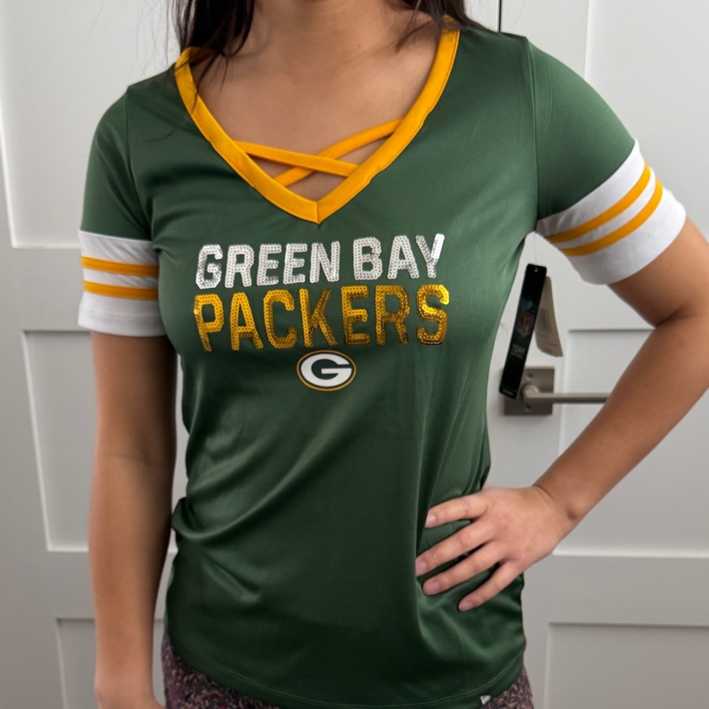 NFL Green Bay Packers Women's Green V-Neck Jersey with Sequin Lettering Sz S NWT